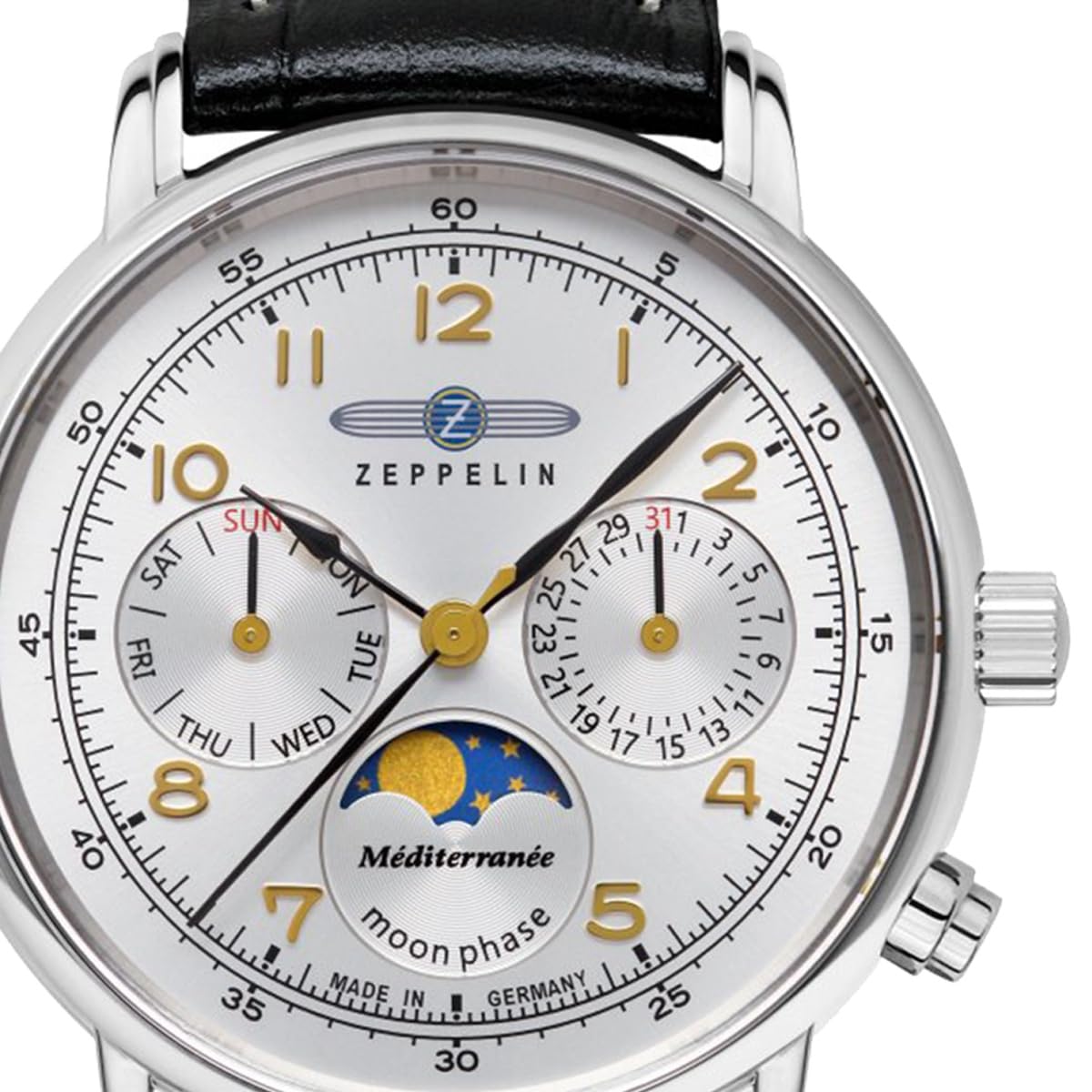 Zeppelin Méditerranée 9637-1 Montre à quartz pour femme 36 mm | Phase lunaire, date, jour de la semaine, cadran argenté, bracelet en cuir noir, 5 ATM, fabriqué en Allemagne