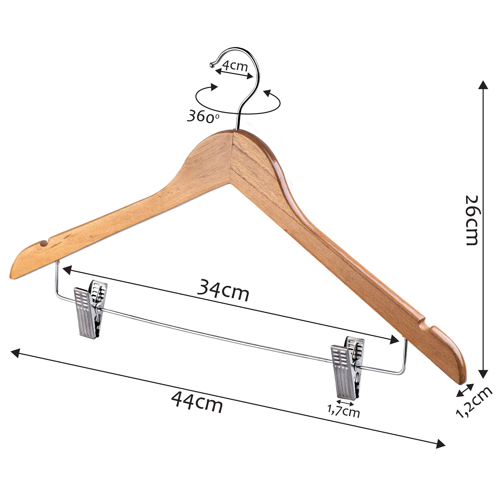 KADAX 12er Set Kleiderbügel aus Holz, mit Klemmen aus Metall, Zwei Einkerbungen, 360°drehbarer Haken, Garderobenbügel für Kleidung, Hosen, Hemd, Rock, Anzug, Jackenbügel, rutschfest (Modell 2)