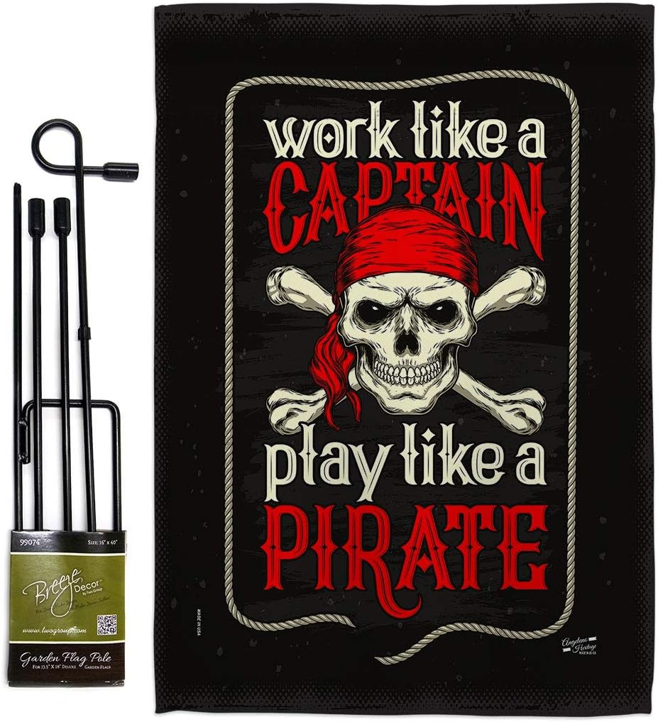 Play Like a Pirate Garden Flag Set with Stand Coastal Ship Skull Treasure Map Carribean Jolly Blackbeard Jack House Decoration Banner Small Yard Gift Double-Sided, Made in USA
