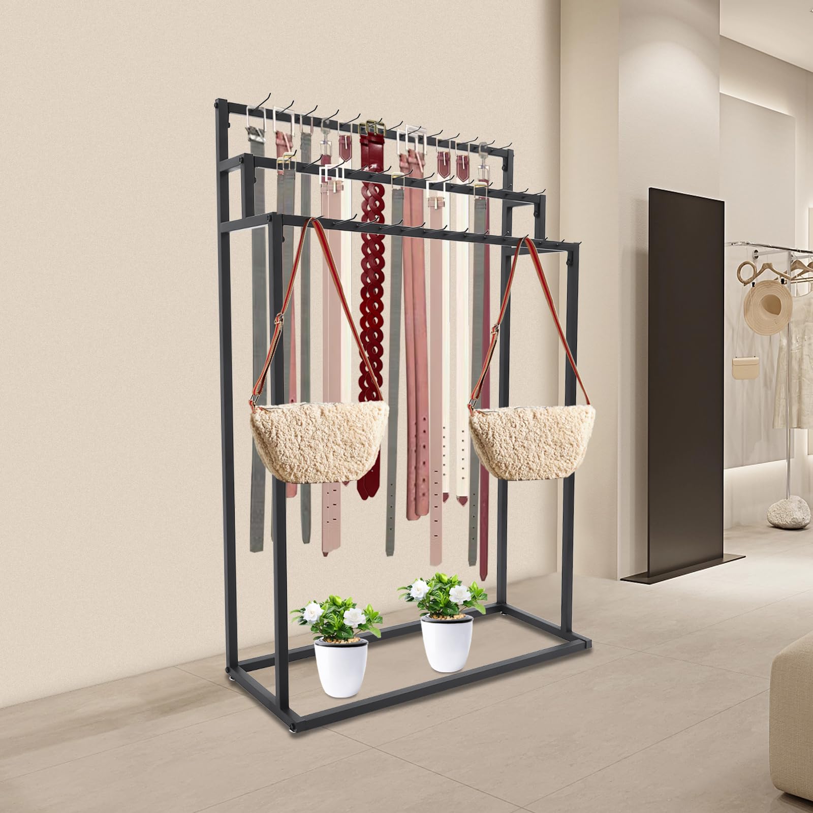 kunghei 3 Layers Floor Mounted Belt Hanger, Black Retail Display Tie Scarf Rack, Bags Belt Display Stand Men Closet Display Stand Organizer, Shawls Shelf for Clothing Retail Commercial