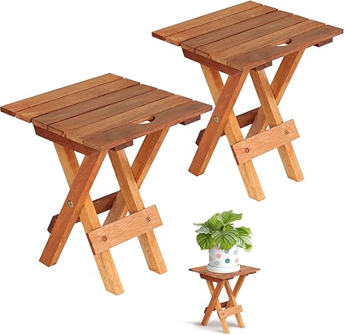 Mesa pequeña de patio, mesa pequeña de madera de acacia, mesa auxiliar, mesa auxiliar de café, mesa auxiliar plegable pequeña, soporte para plantas