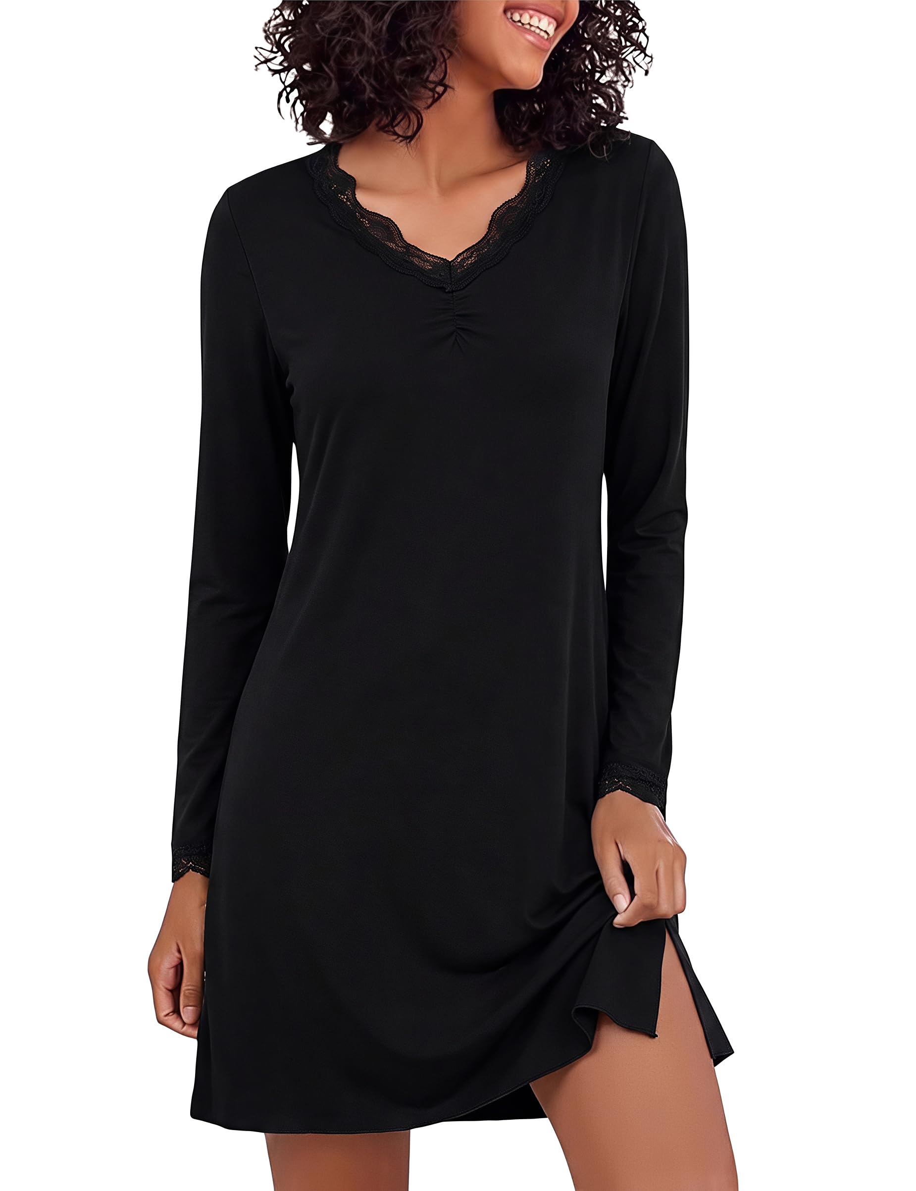Bresdk Nachthemd Damen Langarm Baumwolle V-Ausschnitt Nachtkleid mit Spitze | Elegantes V-Ausschnitt Nachthemd mit feiner Spitze an Kragen und Ärmeln, aus 95% Baumwolle mit praktischen Seitenschlitzen