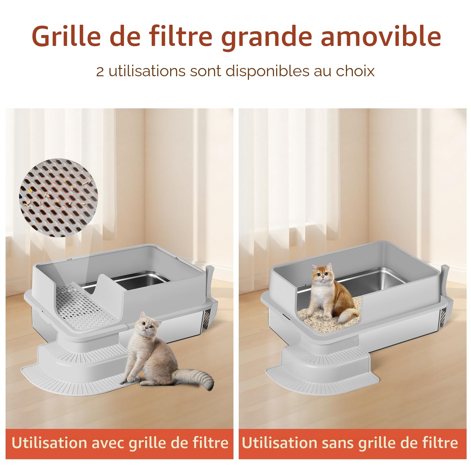 Litière pour Chat en Acier Inoxydable, bac à litière Haut en métal avec allée filtrée, Marche, Pelle, Non Collante, sans Odeur, Facile à Nettoyer (Gris Clair)