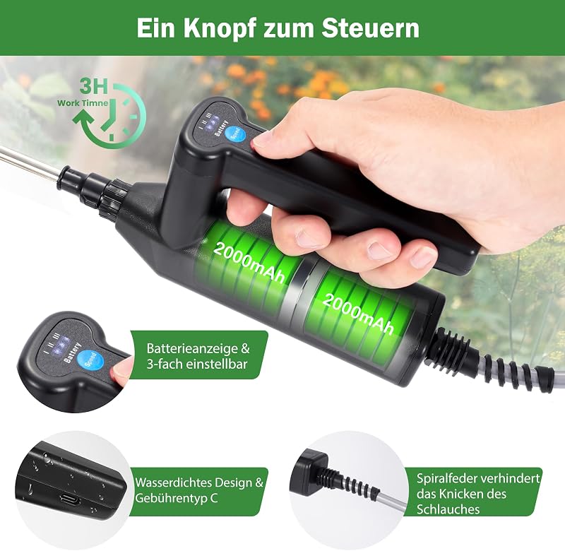 DOUBFIVSY 8L Elektromos Permetező, Akkumulátoros Kerti Permetezőgép Teleszkópos Rúddal, 4 Szórófejjel, 3 Sebességfokozattal, LED Kijelzővel,