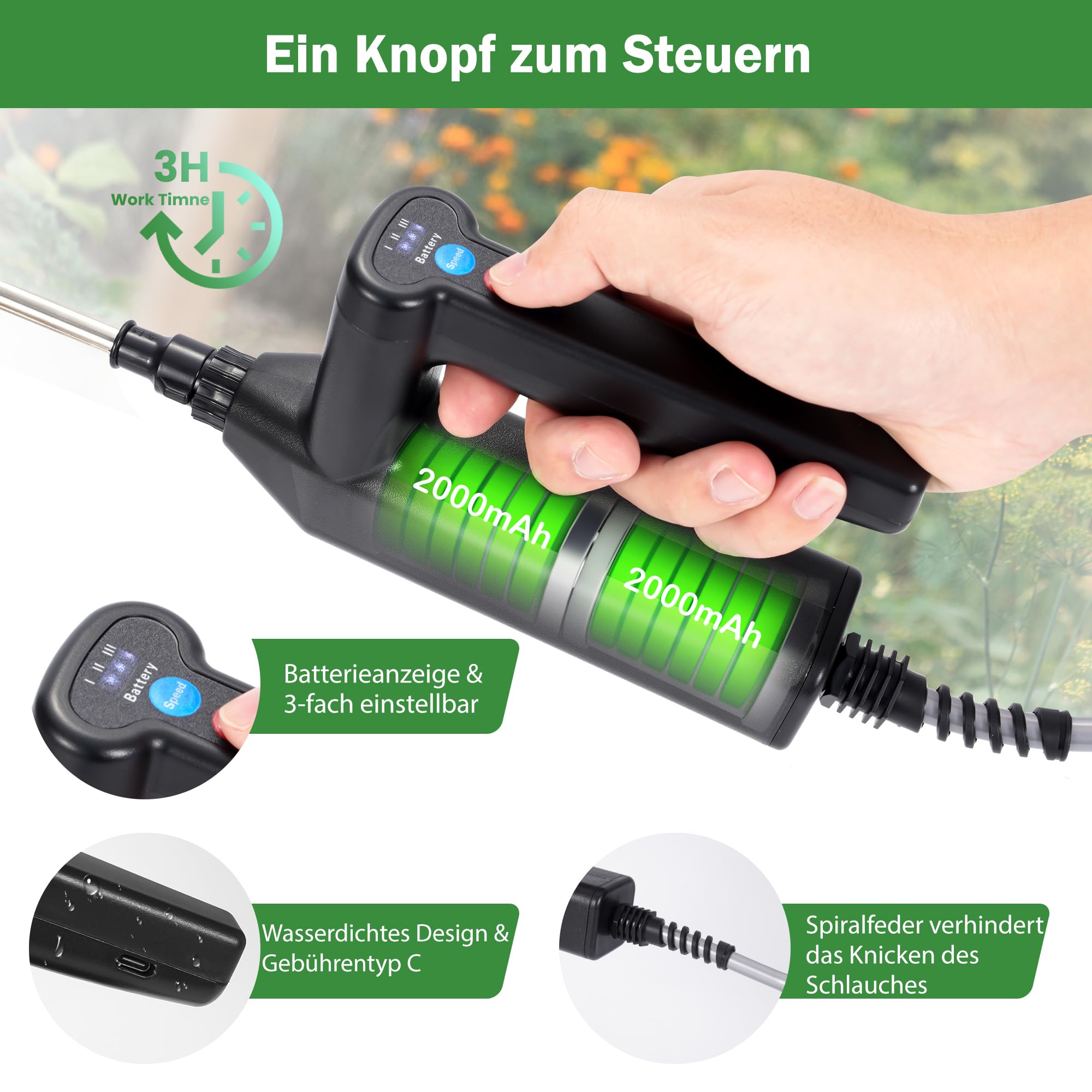 Drucksprüher Akku 8L, Elektrischer Pflanzensprüher mit 4 Nebeldüsen, Wiederaufladbarem Teleskopstab mit 3 Gang Einstellung, LED Anzeigetafel, Gartenspritze Sprühgerät Pflanzensprüher (Grün)
