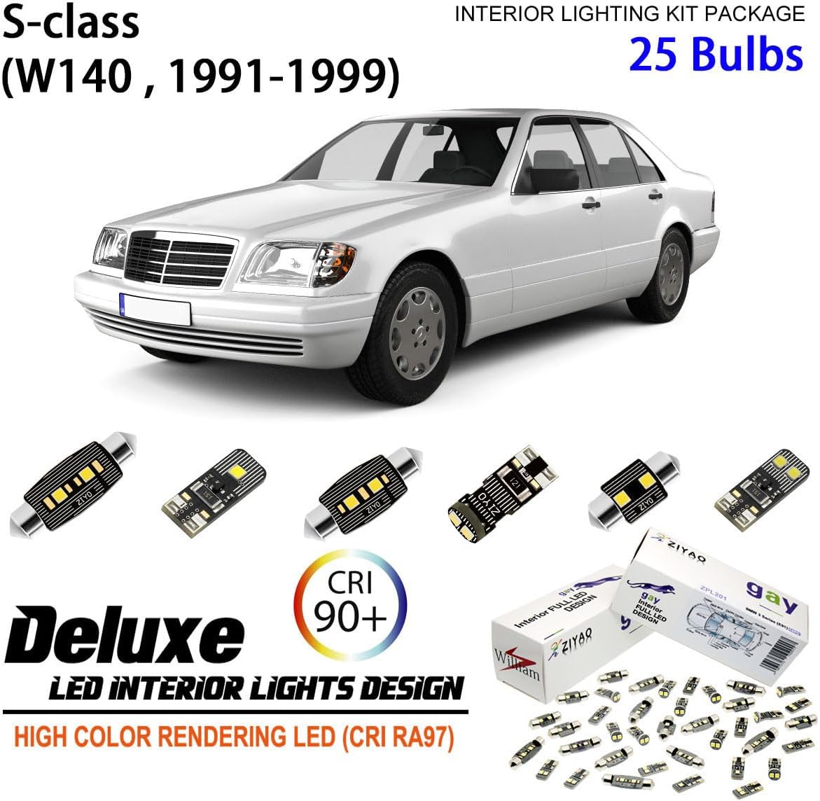 ZIYO ZPL5140 - LED Interior Light Kit Replacement for Mercedes Benz S Class W140 1991-1999, 6000K Xenon White Dome Light Bulbs Upgrage Error Free (W140 1991-1999 (25 Bulbs))