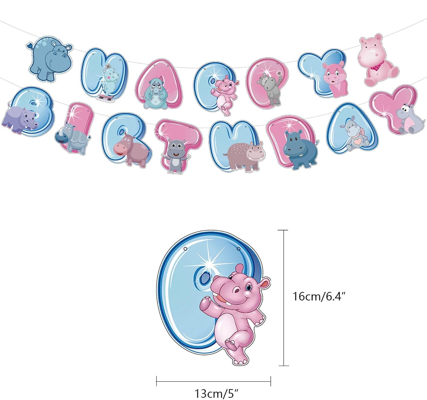 Hippo Birthday Party Supplies Cute Hippo Party Decorations Include HAPPY BIRTHDAY Banner Balloons Cake Topper Cupcake Toppers Cartoon Hippo Birthday Party Decoration image 3
