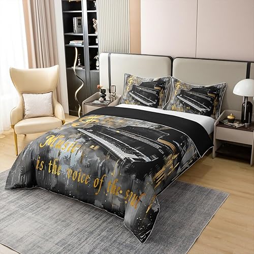 Miniatura 3 de Juego de funda de edredón de 100 % algodón, tamaño individual, notas musicales, juego de ropa de cama de 2 piezas para niños, niñas, adolescentes,