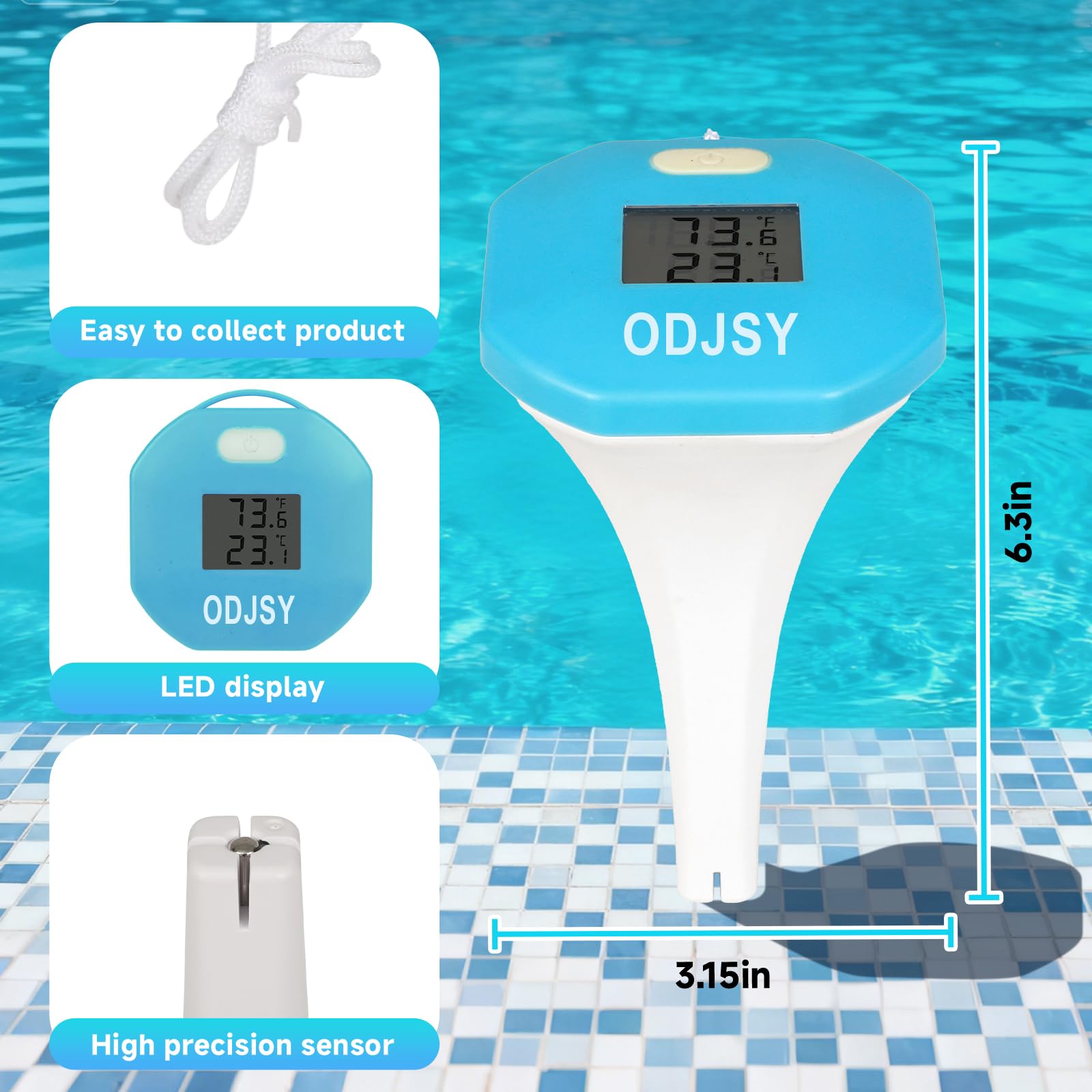 Termometro da piscina, tester digitale della temperatura dell'acqua con display LCD per piscine, spa, vasche idromassaggio e acquari (blu/verde)
