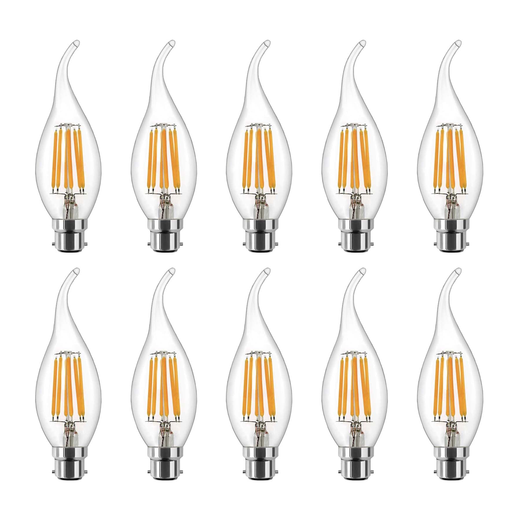 G.W.Sยฎ LED Filament Bulb, C35 B22 Bayonet, LED Flame Tip Candle Bulb, 6W Dimmable Warm White 2700K, Clear Glass, Pack of 10
