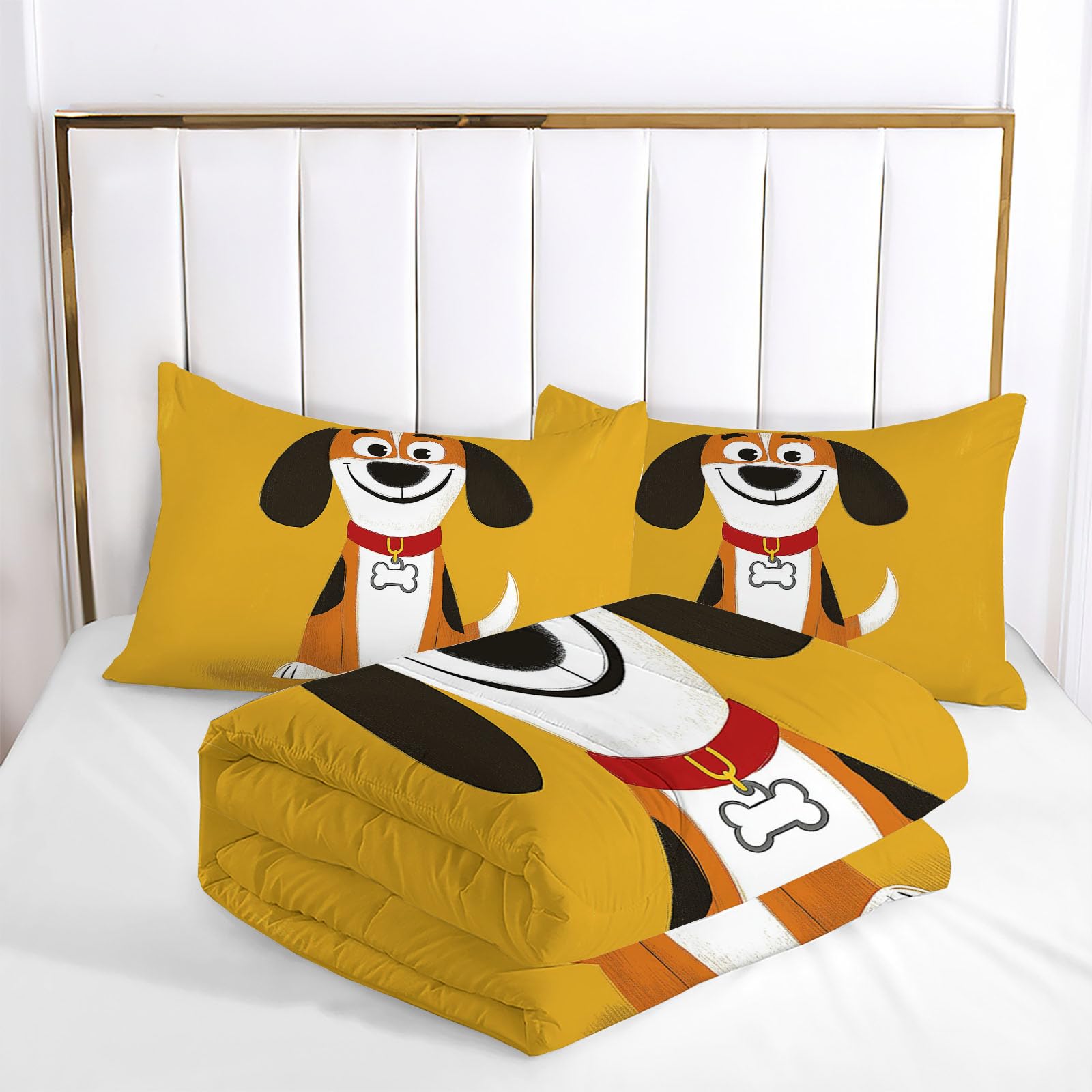 Trapunta Invernale in Ecopiuma, 240x220cm Set Piumone Illustrazioni Per Bambini Imbottita 200 gr/mq Caldo e Morbido Piumino Trapuntato Beagle Felice Coperta Letto Reversibile per 4 Stagioni, Curcuma