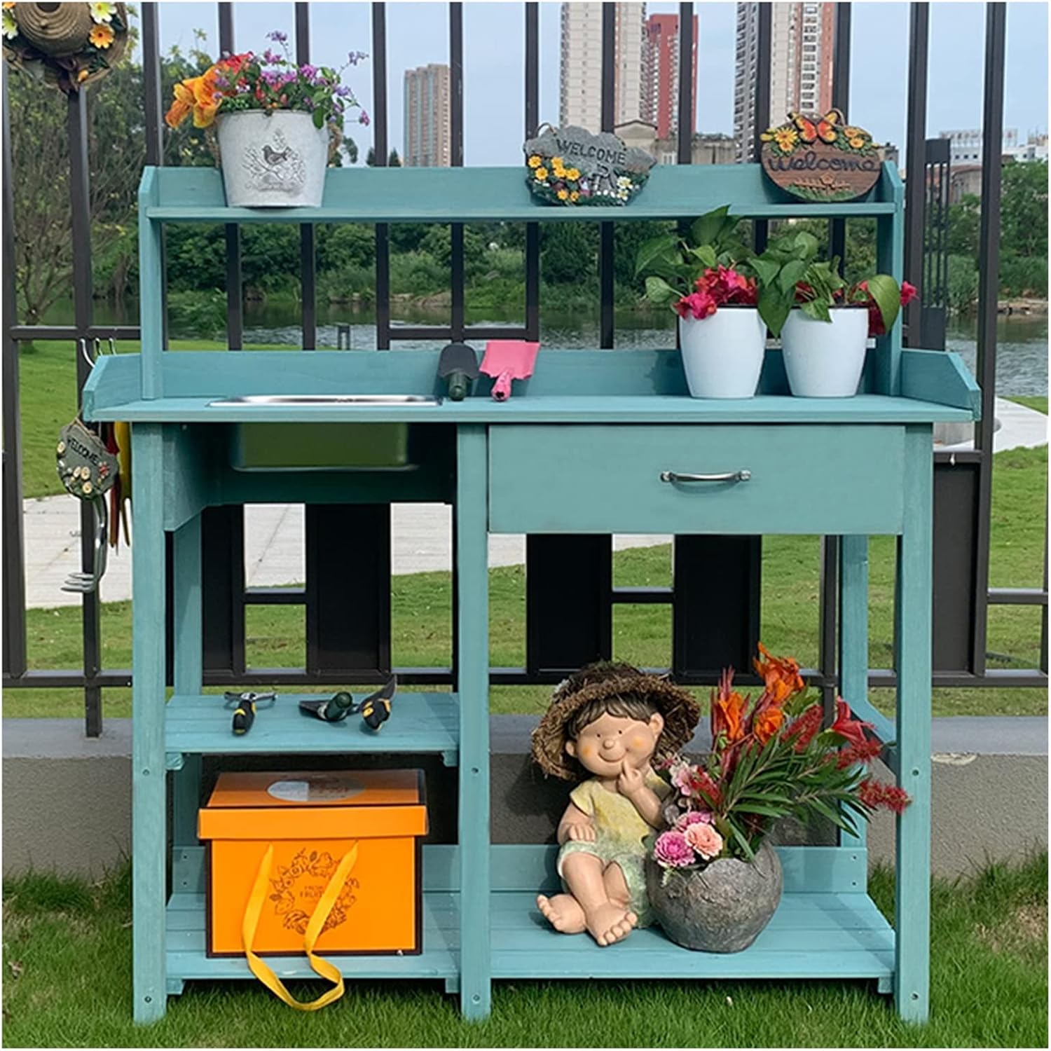 Planting Work Bench with Removable Sink with Storage Shelves and Drawer Gardening Bench Potting Table YCDJCS (Color : Blue, Size : 117x45x121cm)