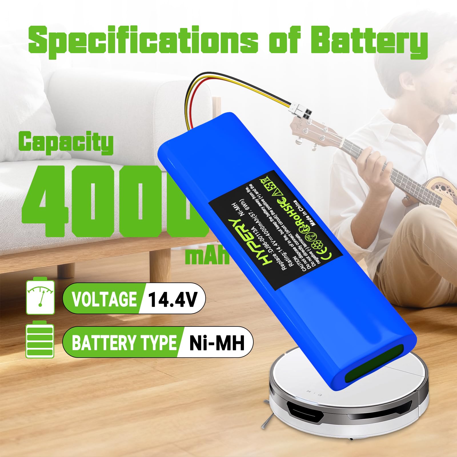 Batteria di ricambio NI-MH 14,4 V 4000 mAh compatibile con Samsung Navibot SR9630, VC-RA50VB, VC-RA52V, VC-RA84V, VC-RE70V, VC-RE72V, VC-RL50V, VC-RL50VK, DJ96-00113A, DJ96-083C