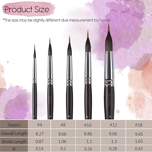 Miniatura 2 de Juego de pinceles de acuarela profesionales, 5 pinceles de pintura de punta de aguja extra largos sintéticos de sable de dos capas para detalles