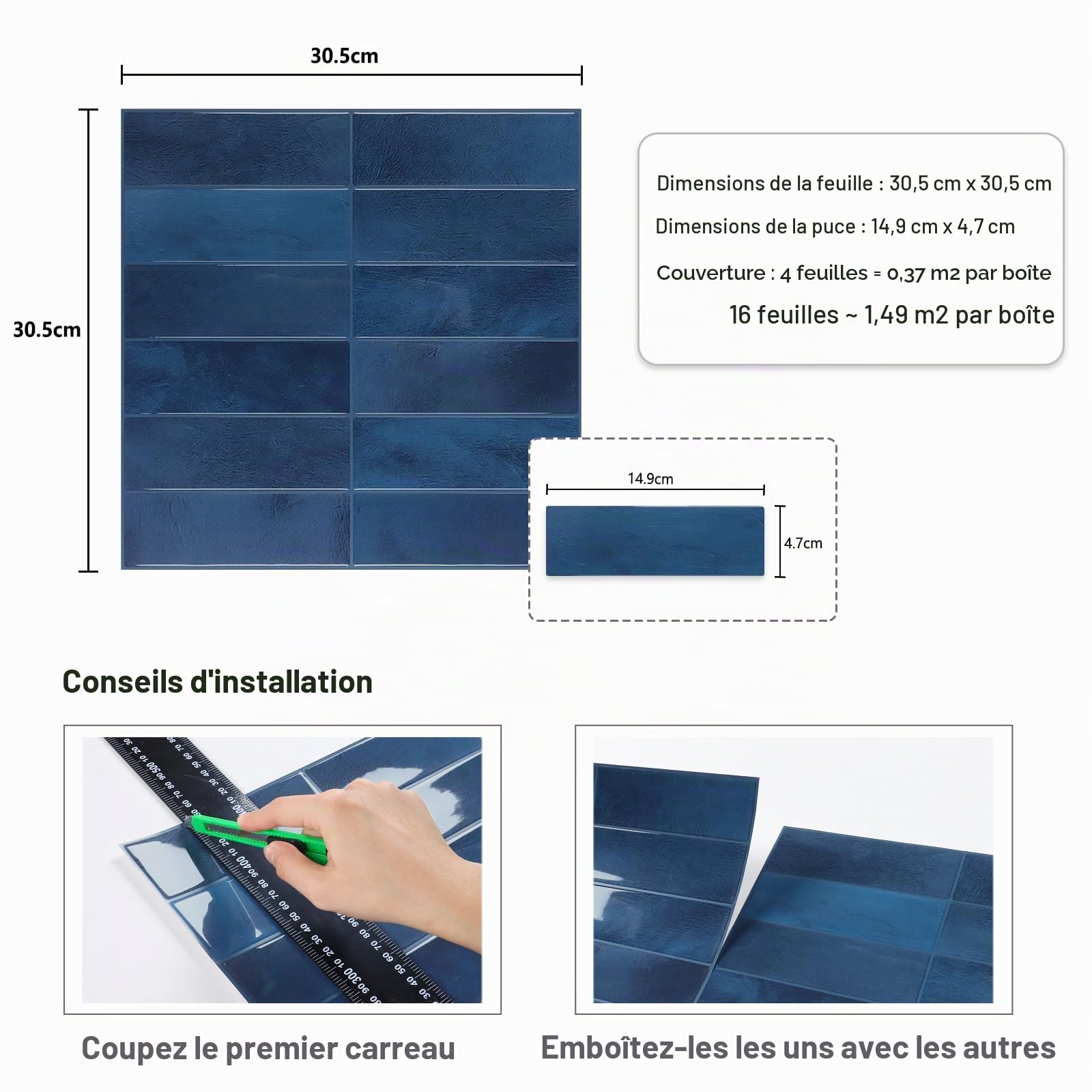 CRE8TIVE Carrelage Adhesif Mural Cuisine 16 Pièces Credence Adhesive pour Cuisine Bleu Foncé Marbre Carrelage Rectangulaire Carreaux Adhesif Salle de Bain Imperméable Buanderie Cheminee 30.5 x 30.5cm