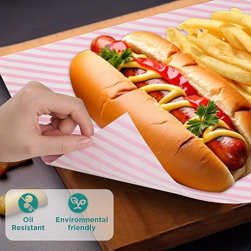Vista 3 de Hojas de papel encerado de 12 x 12 pulgadas, 100 forros para cestas de alimentos para sándwiches, hamburguesas, envoltorios de alimentos Rayas