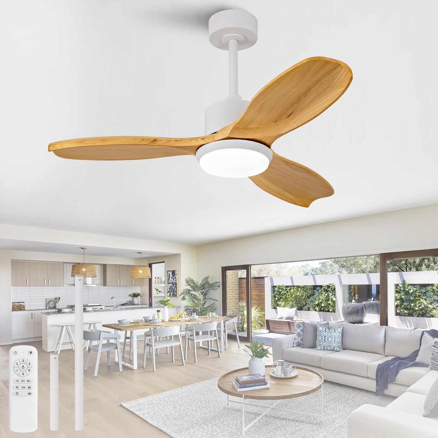KBZZ 42 Inch Ceiling Fans with Lights and Remote, Solid Wood Blades, Dimmable, Reversible DC Motor, Memory Function, Modern Indoor Outdoor Ceiling Fan with Light for Patio Bedroom Natural Wood 42 inch