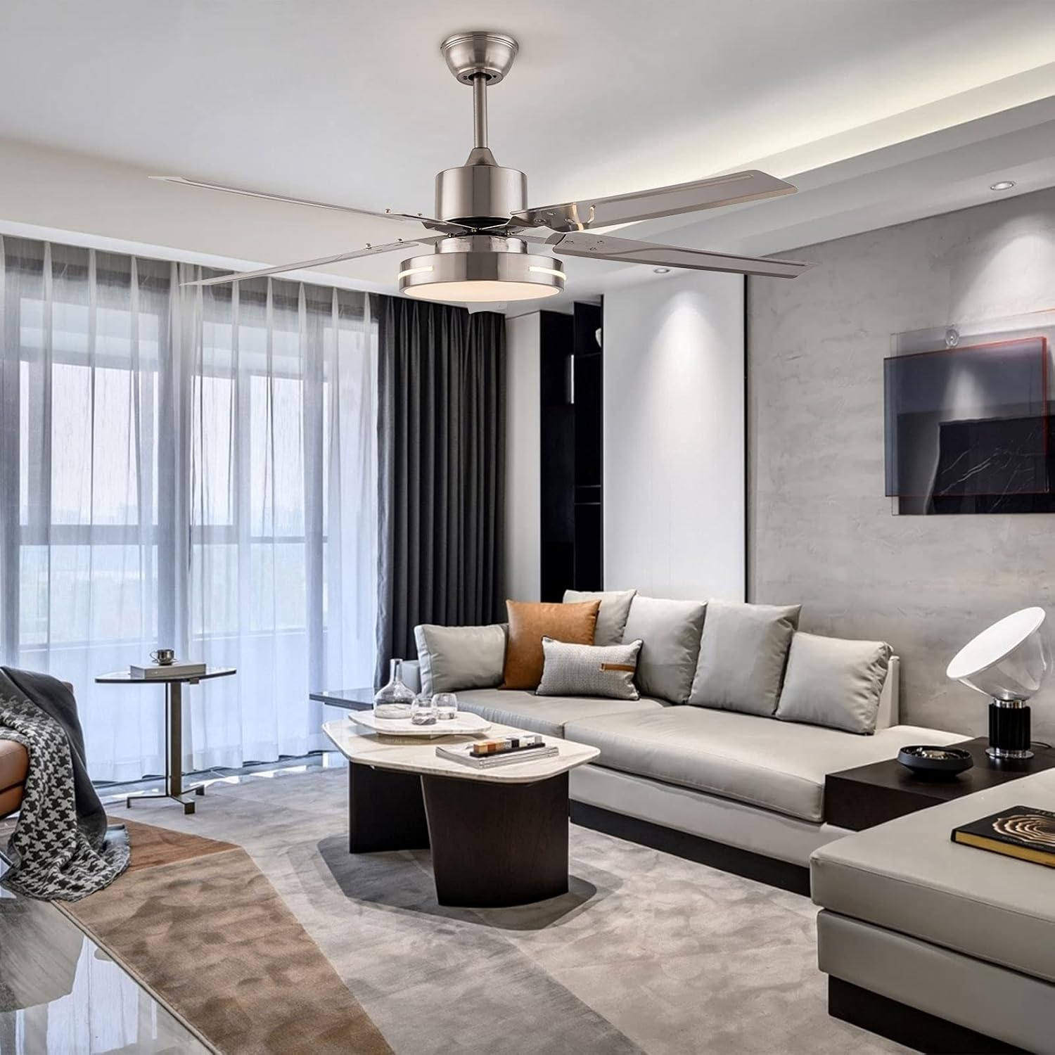 TFCFL Ceiling Fan with Lights and Remote, Quiet Motor 48-inch Ceiling Fan with 5 Blades, 3 Speed 3 Light, Big Fans for Living Room, Bedroom, Silver