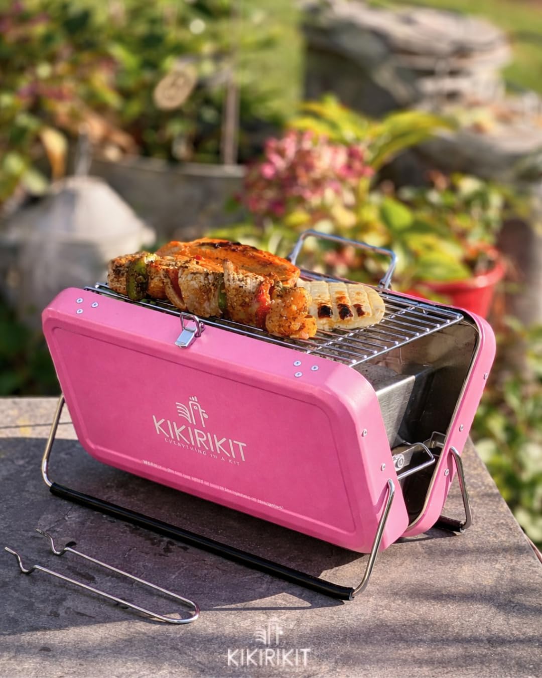 KIKIRIKIT Holzkohlegrill, tragbar, aus Edelstahl, Picknickgrill, einfach zu tragen und zu verwenden, originelles Geschenk - Geschenke für Eltern - Rosa