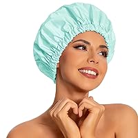 Vista 38 de Gorro de ducha reutilizable para mujer, grande, impermeable, lavable, banda elástica, sombrero de baño para cabello largo, trenzas (verde)