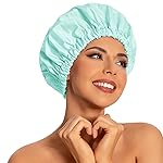 Reusable Shower Cap for Women, Large Waterproof Shower Essentials Bonnet Washable Elastic Band Bath Hair Wrap Hat for Long Hair, Braids(Mint Green)
