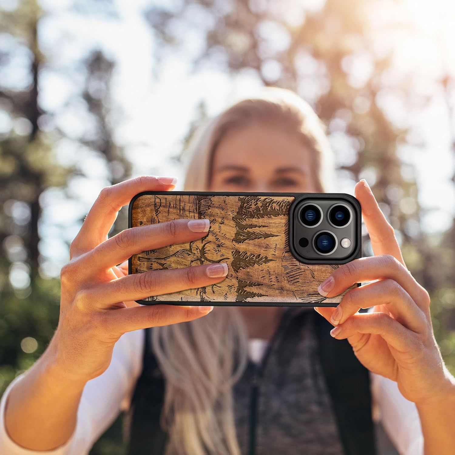 Carveit Magnetic Wooden Case for iPhone 15 Pro Case, Compatible with MagSafe Wireless Chargers, Black Soft TPU Shockproof Cover & Wood Artisan Engraved (Mountains and Deer) Walnut