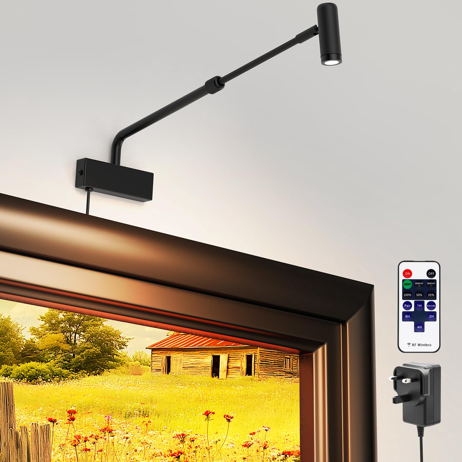 HURYEE Retractable Picture Light for Wall, Rotatable LED Painting Lights Over Picture Frame, Plug in Dart Lamp 2700K with Remote Control, Dimmable Display Light Indoor for Art Gallery, Black