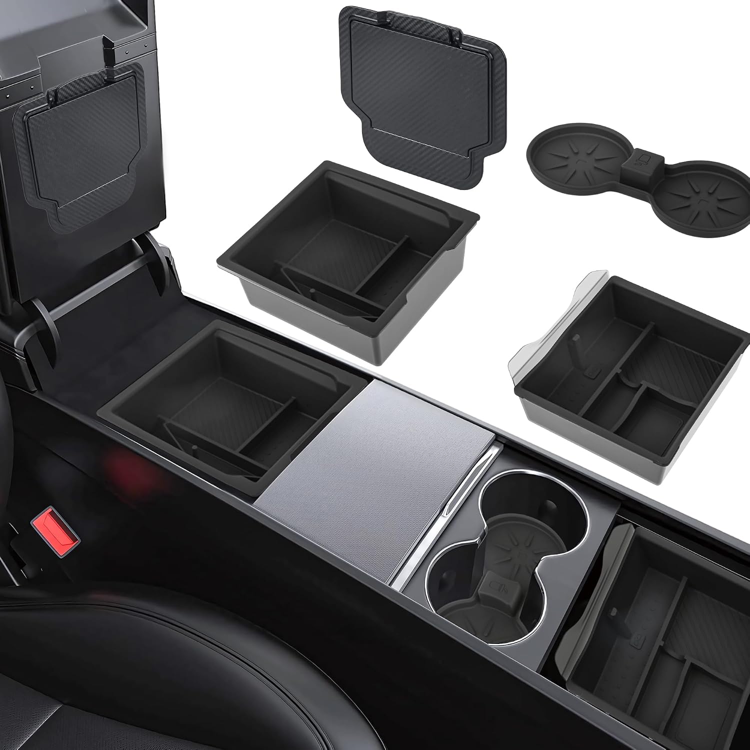 Center Console Organizer for Tesla Model Y Juniper 2025-2026 (Premium & Performance) and Model 3 Highland 2024-2026 All Trims （Double-Layer Storage, Smooth Sliding） 2-Layer Material 4PCS
