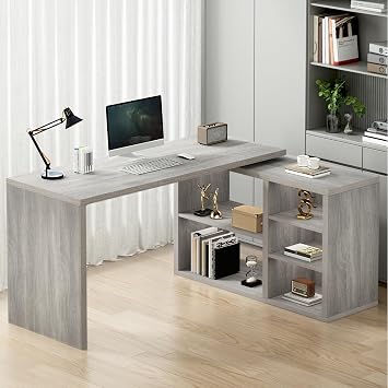 HSH Gray L Shaped Corner Desk with Storage Shelves, Reversible L Shape Computer Desk with Storage Cabinet, Adjustable Corner Home Office Desk for PC Executive Writing Study Work, Light Grey, 140 CM