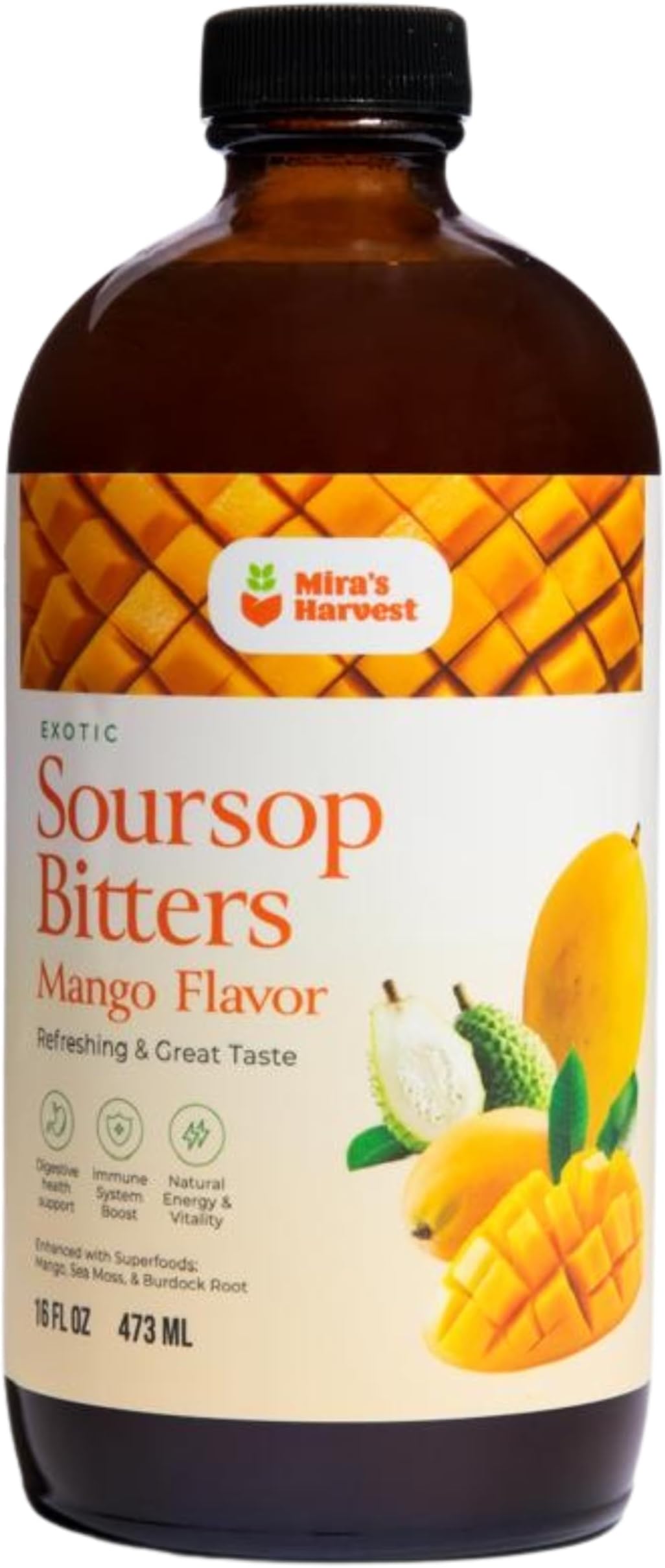 Mira's Harvest Soursop Bitters Liquid Mango Flavor, Premium Grade For Immune Boost, with Irish Moss, Burdock Root, African Mango 16oz