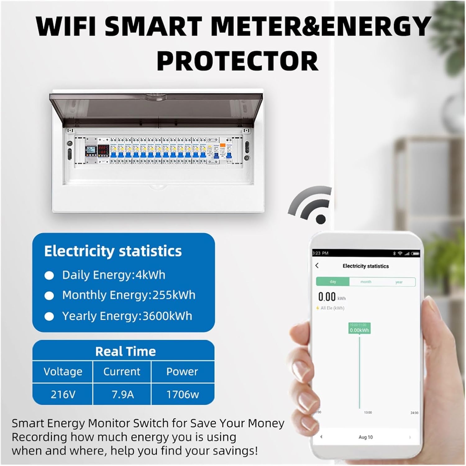 Mobile app displaying electricity statistics including daily, monthly, and yearly energy consumption, and real-time voltage, current, and power
