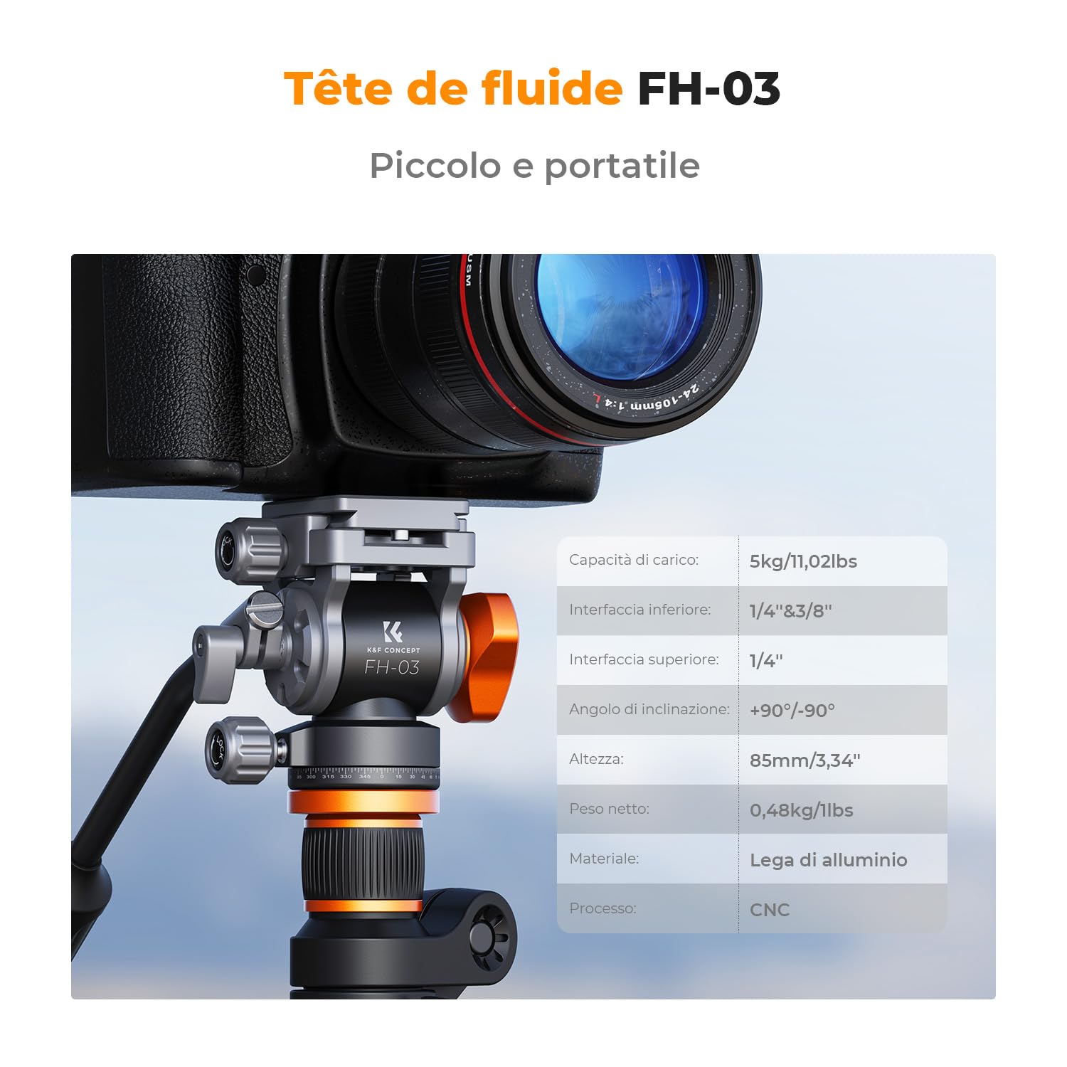 K&F CONCEPT Testa per Treppiede, FH-03 Testa Fluida con Piastra Arca-Swiss, Regolabile a 360° e Inclinazione ±90°, Testa Ammortizzata, Compatibile con Fotocamera DSLR, Videocamera, Carico Max 5kg