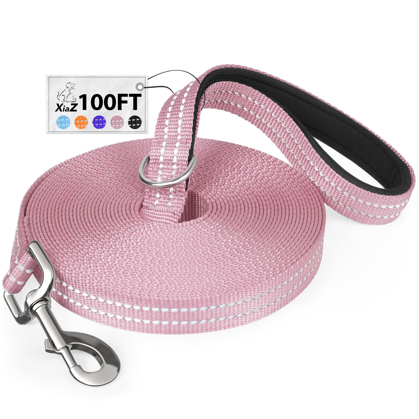 XiaZ 100 Feet Dog Training Leash, Nylon, Pink, Reflective, Padded Handle, 550 LBS Bearing, Lightweight Suitable for Small, Medium Dogs and Cats