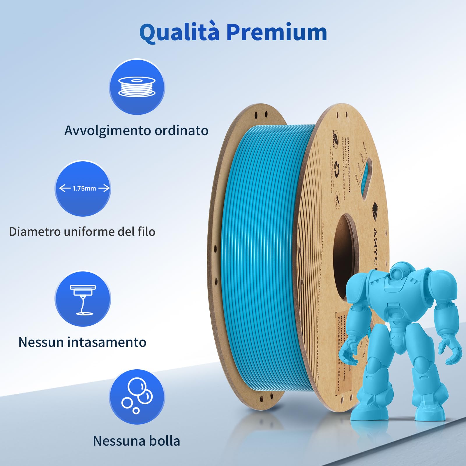ANYCUBIC PLA Filamento per Stampante 3D, RFID Filamento PLA per Stampante 3D 1,75 mm Precisione Dimensionale +/- 0,02 mm(Ciano,1KG)