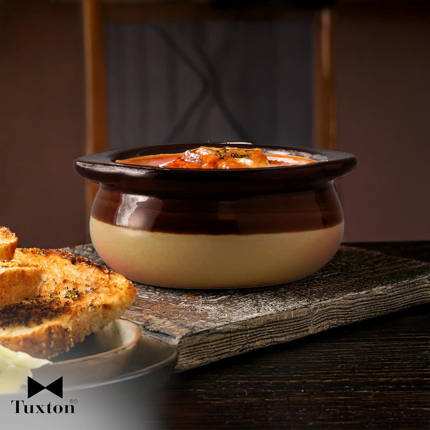 Tuxton China B6S-1003 Onion Soup Crock, 10 oz., 4-5/8" x 4-1/4" x 2-1/4"H, Microwave and Dishwasher Safe, Oven Proof, Fully Vitrified, Ceramic, DuraTux, Two Tone, Pack of 12