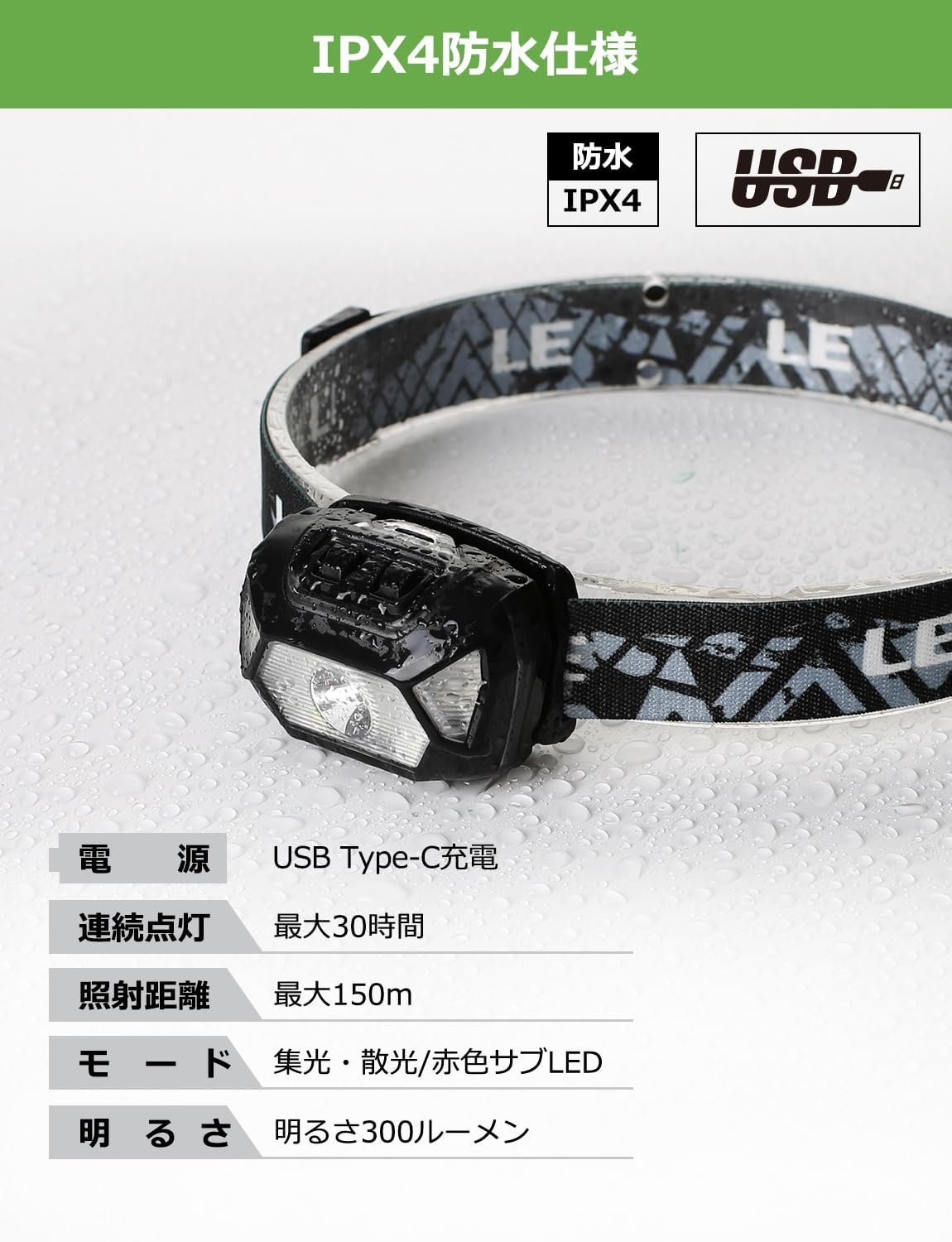 Перезаряжаемая светодиодная фара USB-C, Светодиодная фара высокой яркости, Комплект из 2 предметов [Переключатель фокусировки / рассеивания света / Яркость 300 люмен / Практичное освещение от 4 до 30 часов / Водонепроницаемость IPX4 / Кабель Type-C в комплекте, фото 3