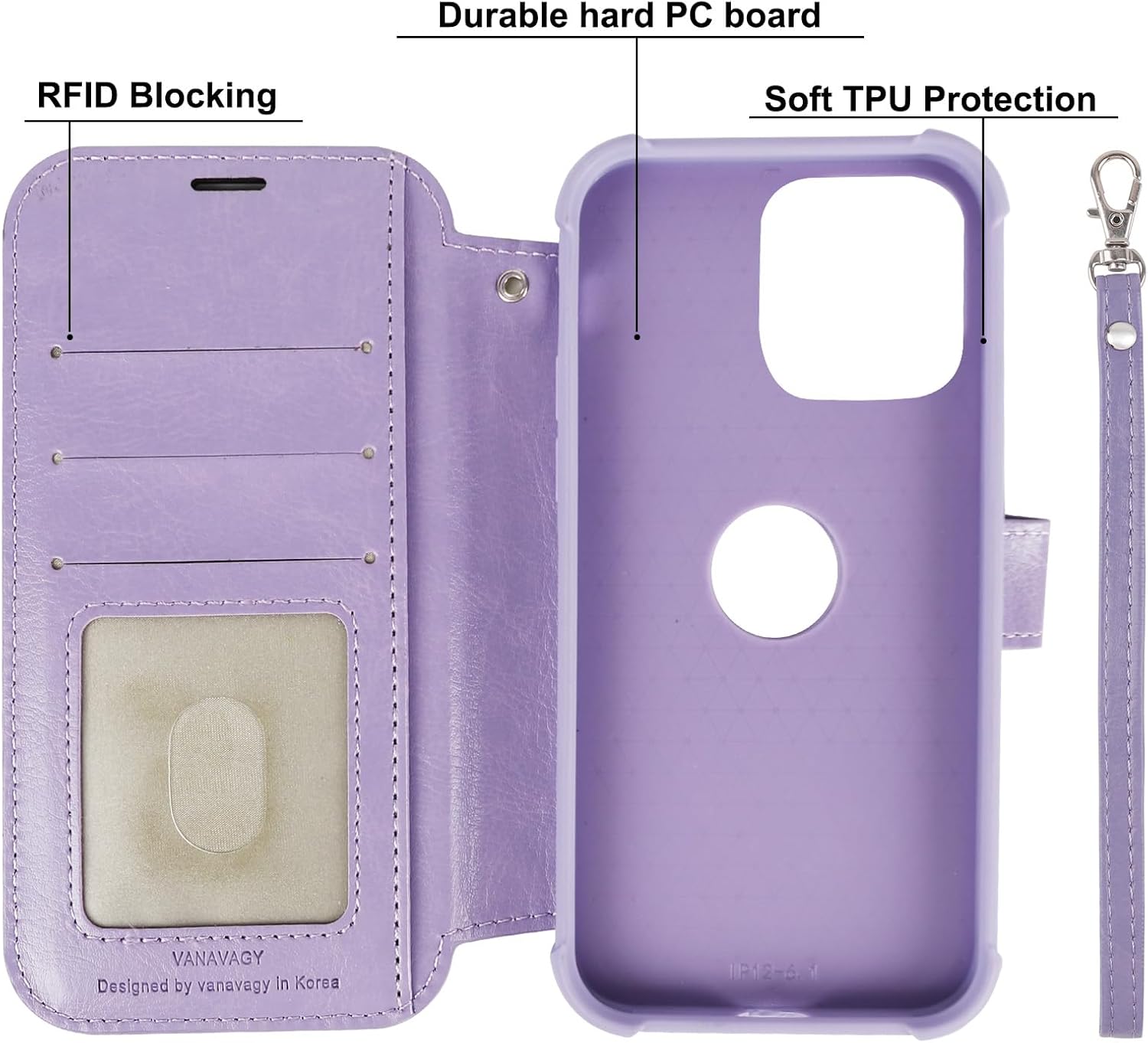 VANAVAGY Compatible for iPhone 13 Pro Wallet Case for Magsafe Wireless Charging, PU Leather Flip Folio Phone Case with Wrist Strap RFID Blocking Card Holder Screen Protector,Clove Purple