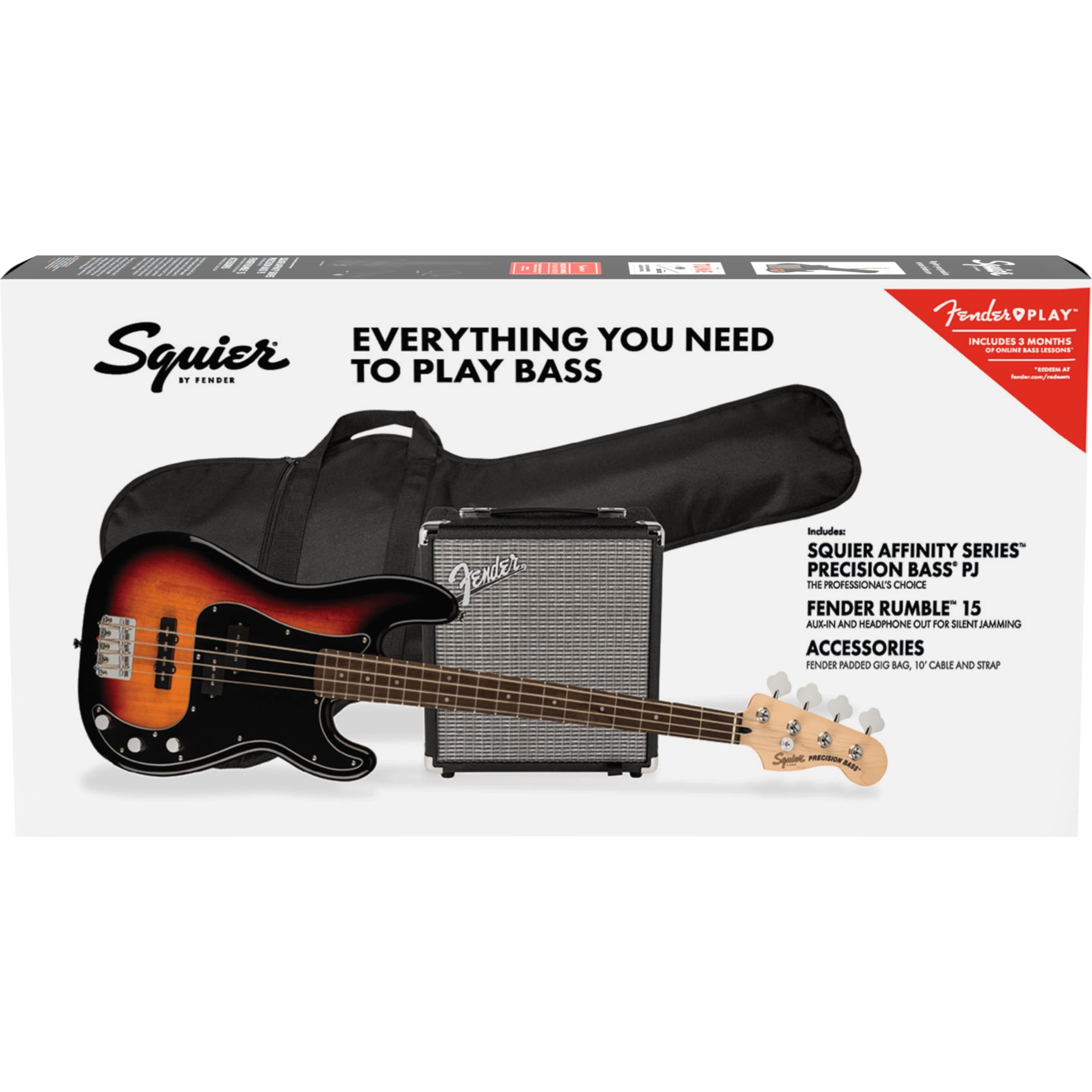 Squier Affinity Precision Bass PJ Pack, Laurel Fingerboard, 3-Color Sunburst, Rumble 15