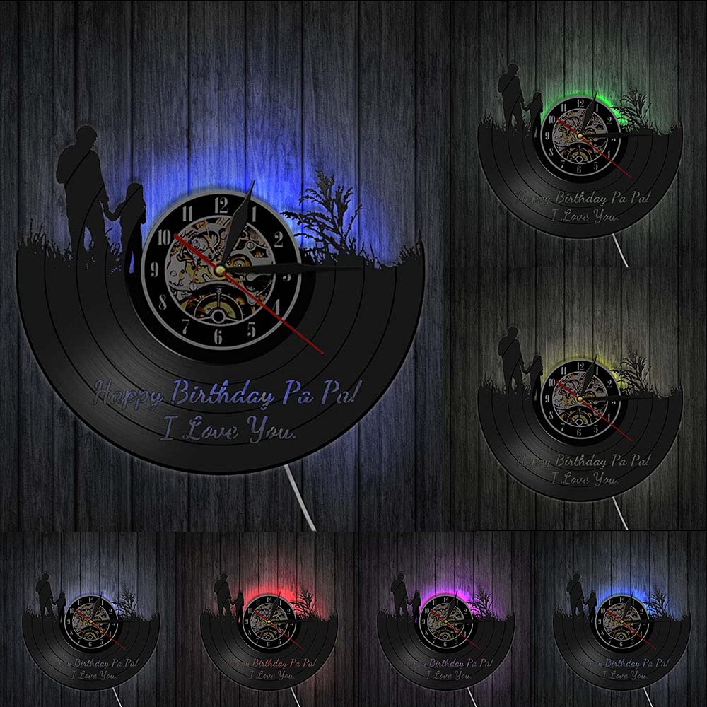 ELD 30cm Happy Hirthday Day Papa Clocks Wall Home Decor Ti Amo con la Luce Disco in Vinile Reloj Pared Modern Black Hanging 3D Grande con 7 Colori Cambia Regali per Gli Amici Luci della Lampada