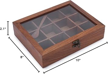 Ajuny Wooden Spice Box 10x8 Inch, 12 Compartments, Glass Lid Masala Dabba | Includes spoon and divided pantry organizer for seasonings, herbs, condiments, kitchen counters and housewarming gifts.