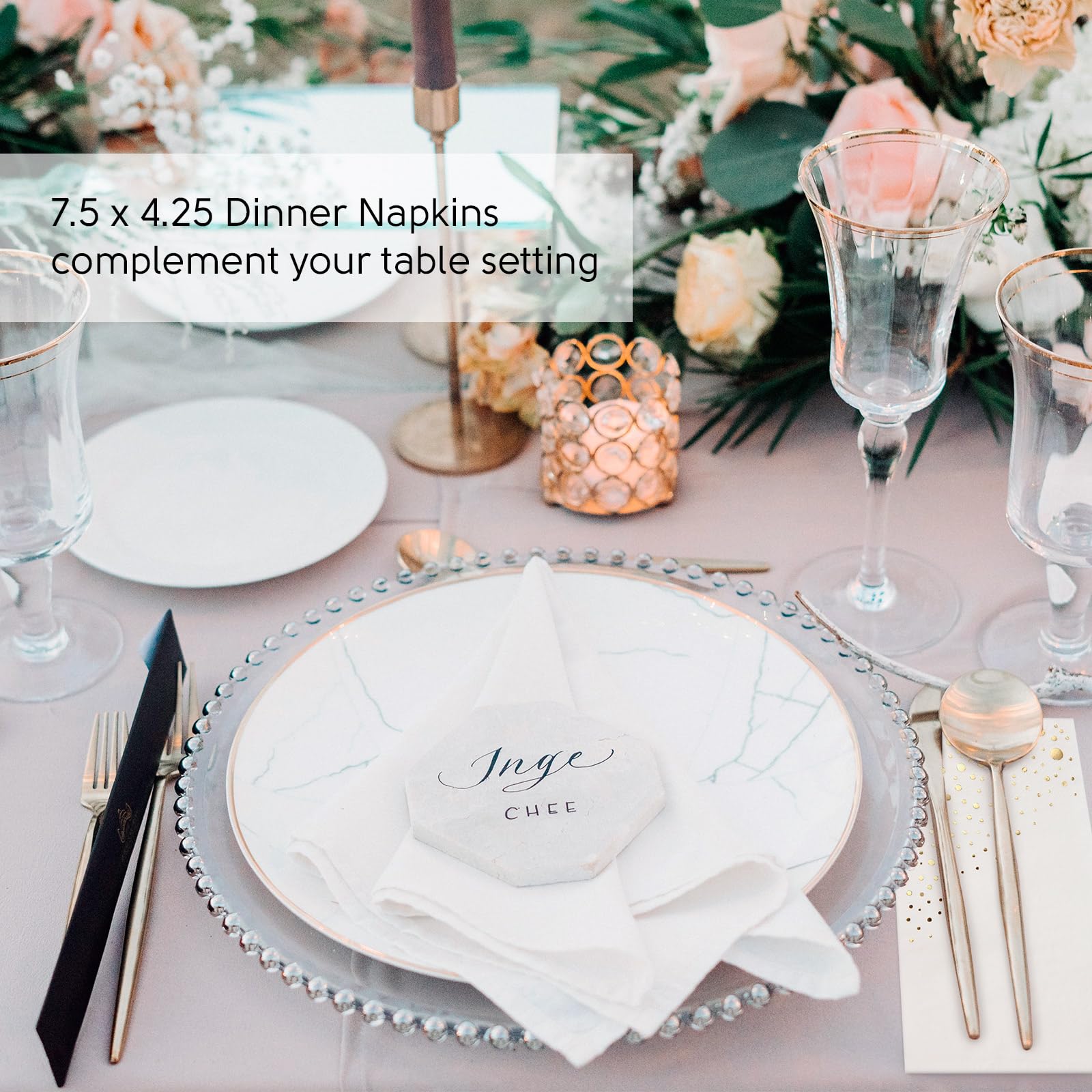 Elegantes servilletas doradas para cena, paquete de 100 servilletas blancas y doradas, desechables de 7.5 x 4.25 pulgadas, para fiestas, servilletas de fiesta doradas, servilletas desechables para