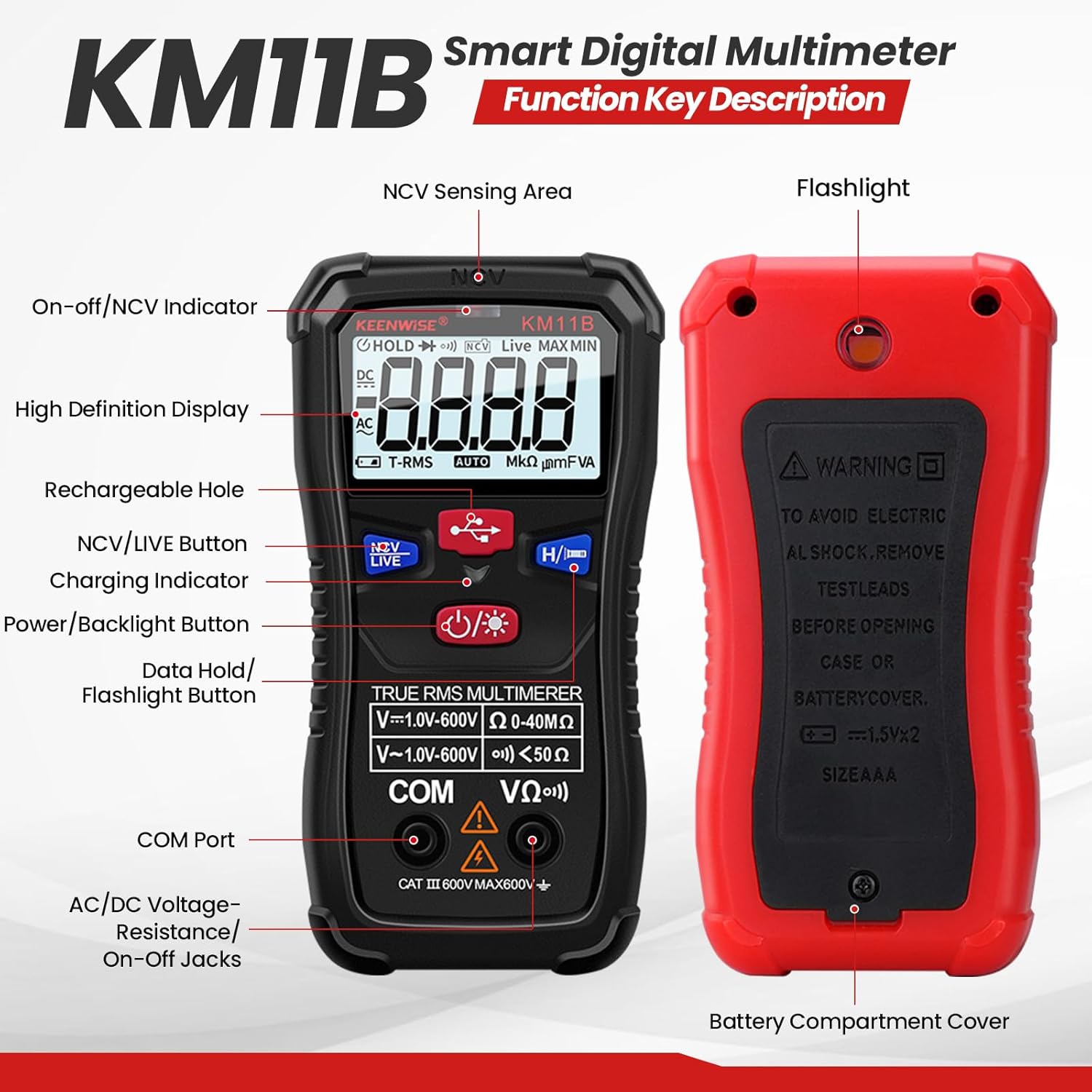 Rechargeable Digital Multimeter Tester, 4000 Counts, Smart Measurement, Type-c Interface, Measures AC/DC Voltage, Ohm Volt Amp Meter, Non-Contact Voltage Tester Function, Resistance