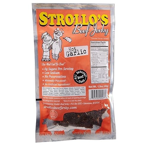 Miniatura 2 de Strollo's Beef Jerky Paquete de 4 ajos calientes, 1.5 onzas cada uno, bajo en sodio, bajo en azúcar, bajo en carbohidratos, fabricado con carne de