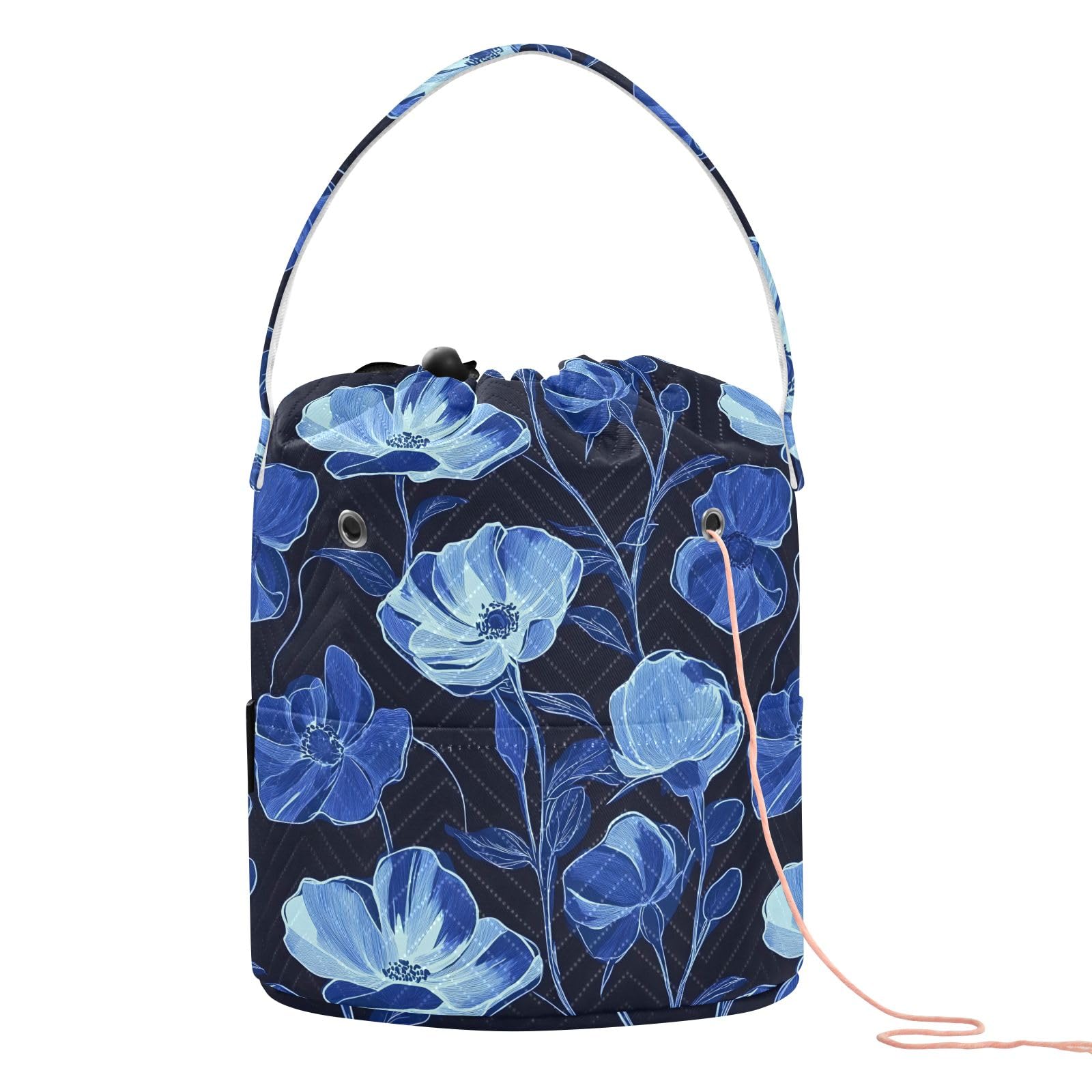 Yarn Storage Bag Small Crochet Bag Knitting Bag Organizer Blue Flowers Black Yarn Bags for Crocheting Basket