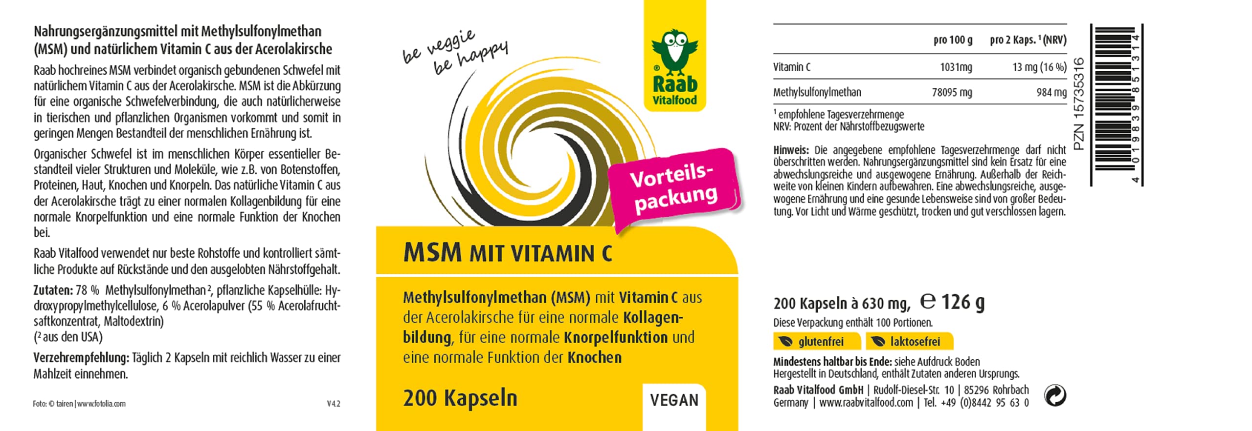 Raab Vitalfood MSM-Kapseln, Methylsulfonylmethan, Vitamin C, 200 Stück, hochrein, vegan