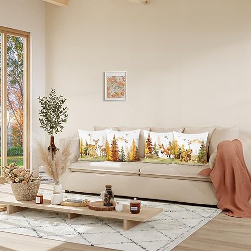 Miniatura 9 de Bonhause Juego de 4 fundas de almohada de animales del bosque otoñal de 18 x 18 pulgadas, diseño de ciervo, zorro, ardilla, hojas de otoño, fundas