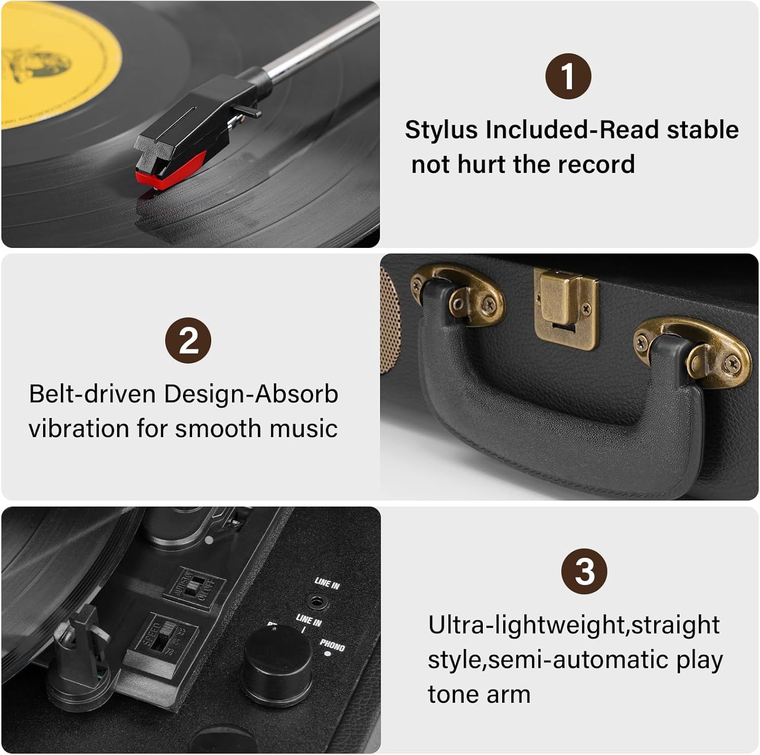 Close-up details of the Mersoco M415-BLACK record player, highlighting the stylus, belt-driven mechanism, and semi-automatic tonearm.