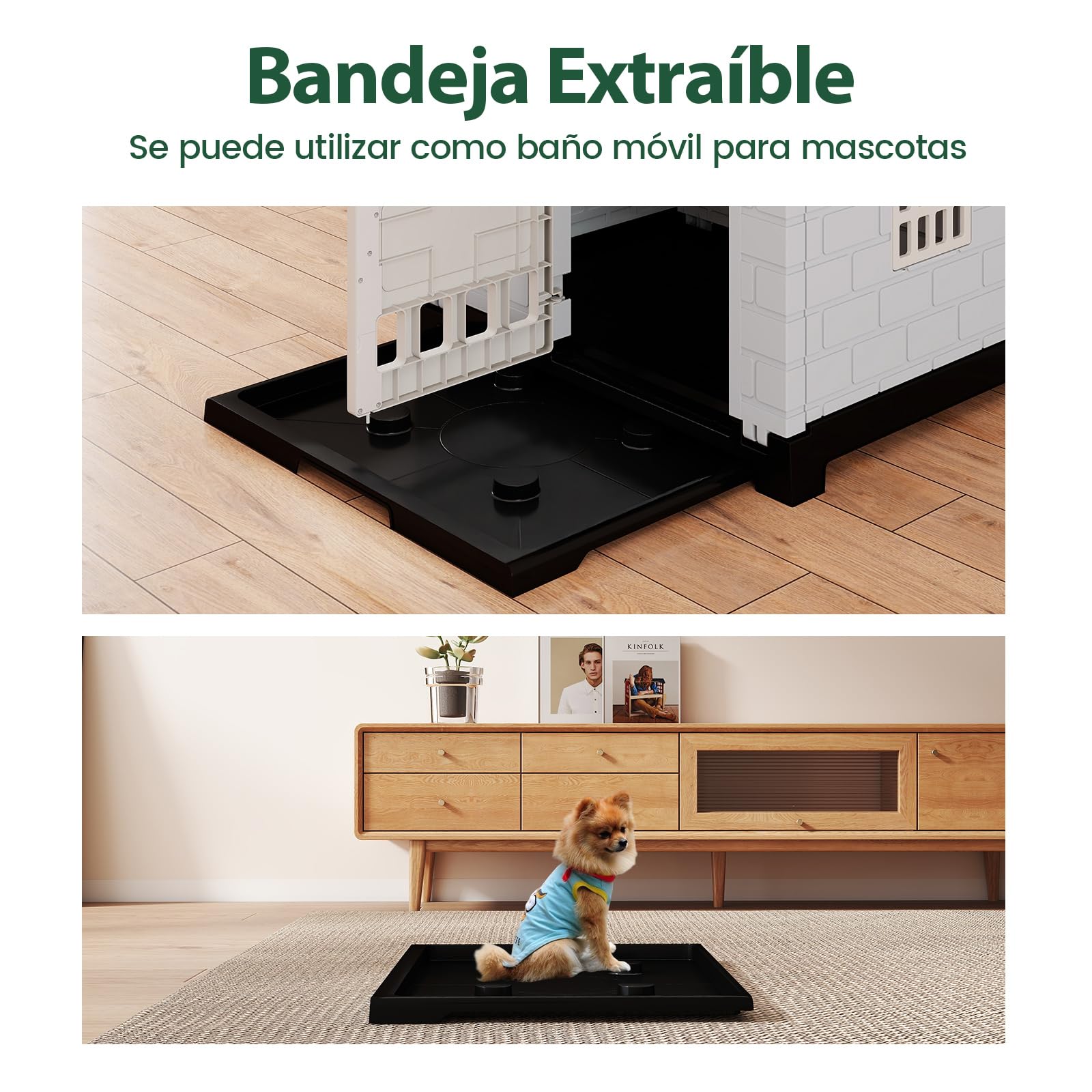 Casa para Perros Plegable de Plástico, Refugio para Mascotas Resistente a la Intemperie con Bandeja de Inodoro, Puerta con Cerradura, Techo Inclinado, Jaula de Interior Exterior para Gatos