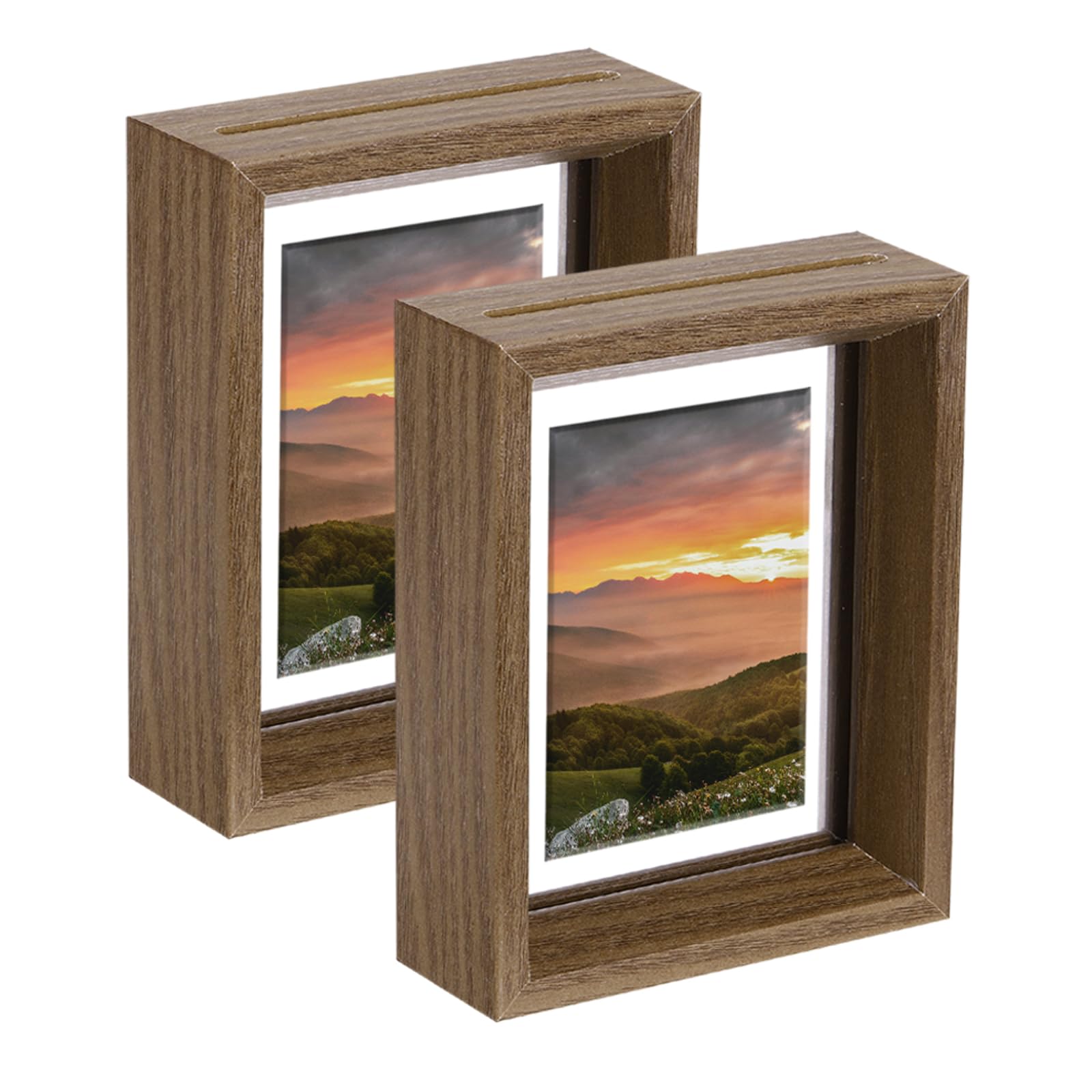 sourcing map 2Pcs Floating Frame, 5 x 4 Inch Natural Wood Pictures Frames for Pressed Flowers Standing Wall Hanging Picture Collection, Walnut