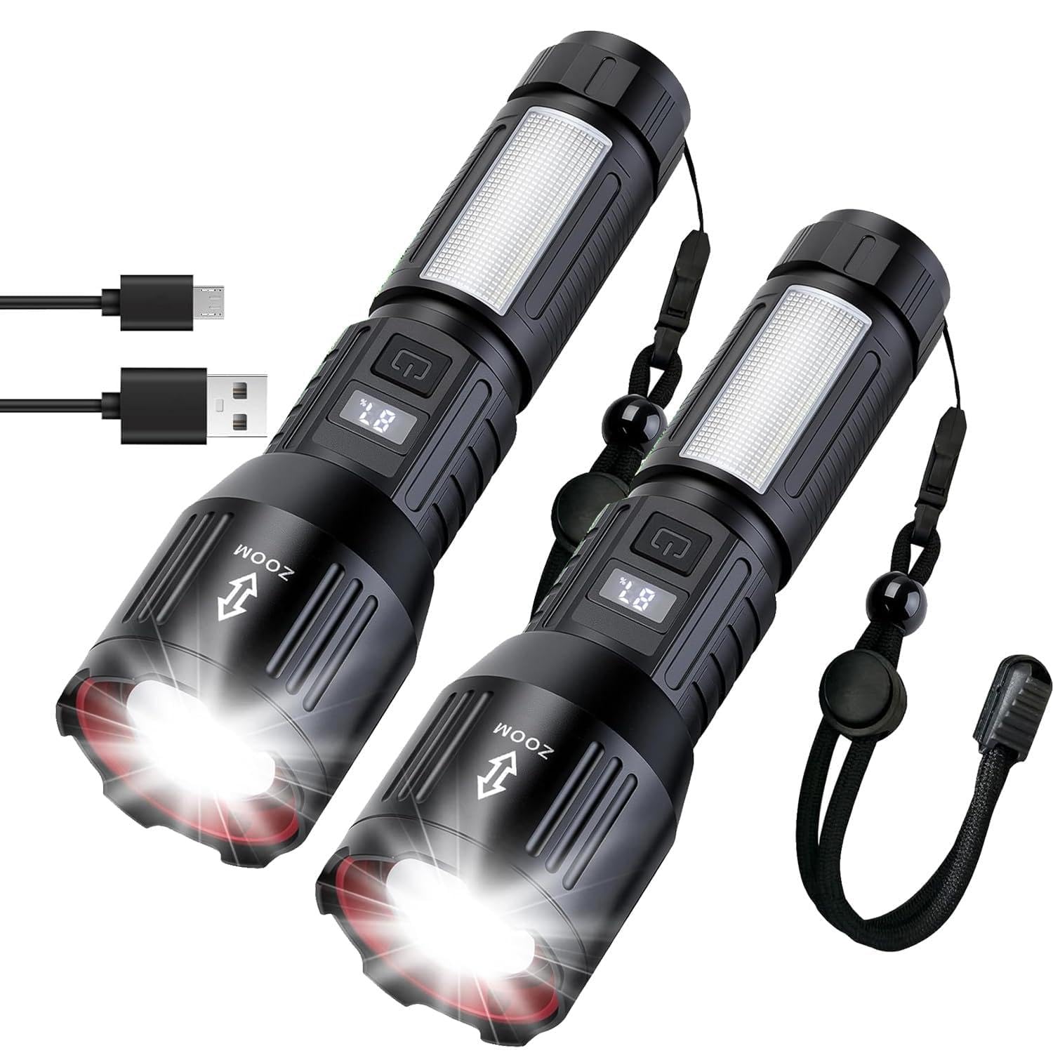 Flashlights High Lumens Rechargeable 2 Packs, 990,000 Lumens LED Battery Powered Tactical Handheld Flashlight with 5 Modes, Cob Side Light, USB C, Zoomable, Waterproof for Outdoor Emergencies